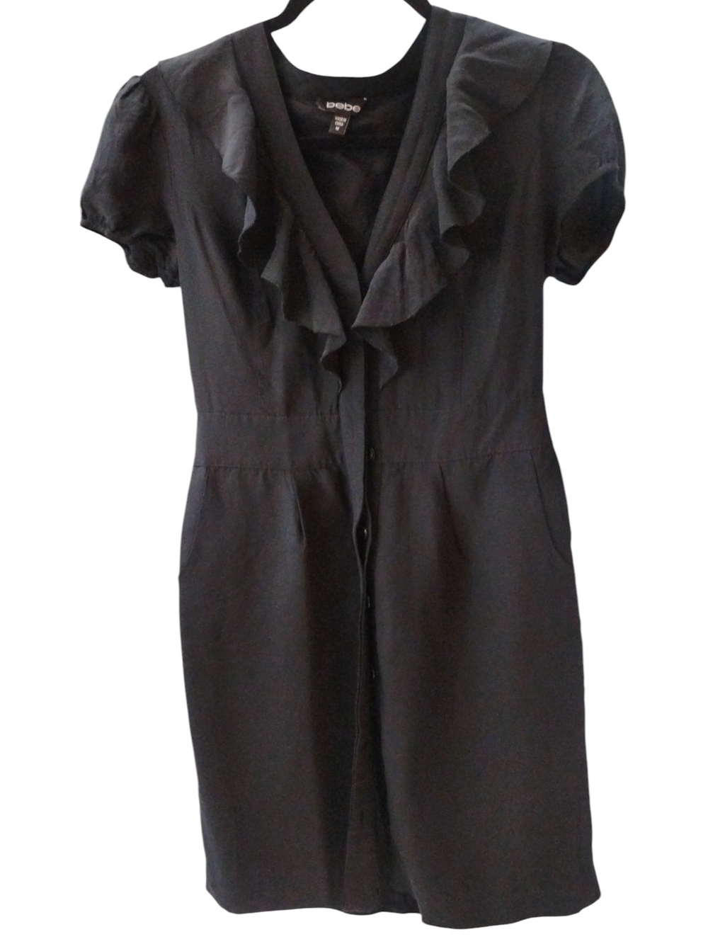bebe Black Ruffle V-Neck Sheath Dress SZ M - Picture 2 of 6
